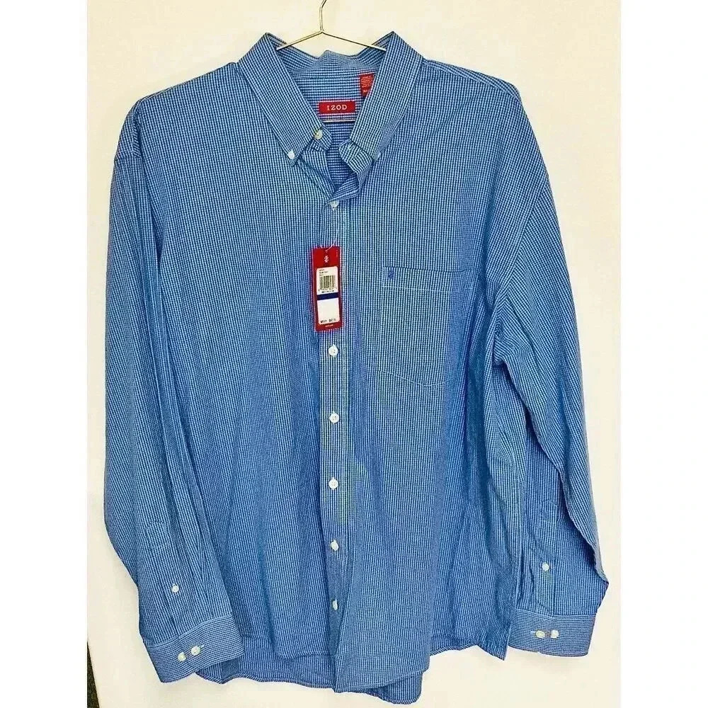 NWT Izod Men's Blue Check Essential Long Sleeve Button-Down Shirt Size XL Tall